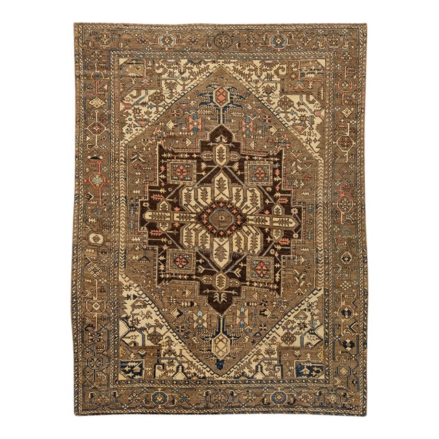19th Century Antique Serapi Heriz Rug With Geometric Medallion in Camel For Sale