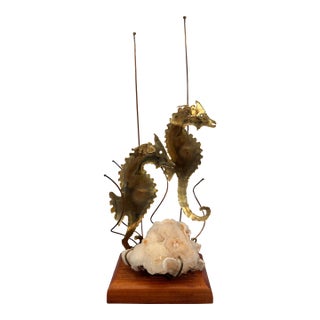 Vintage Brass Seahorse Sculpture on Quartz & Teak Base For Sale