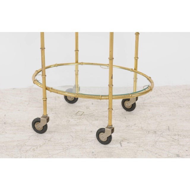 French Midcentury Brass Two-Tiered Oval Cart with Glass Shelves and Casters For Sale - Image 4 of 8