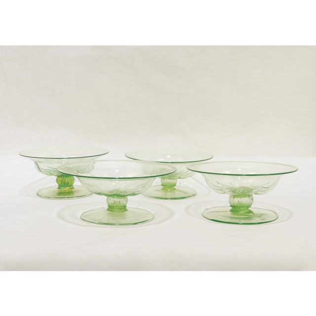 Italian Set of 4 Venetian / Murano Green Glass Tazzas or Compotes With Gold Inclusions For Sale - Image 3 of 9