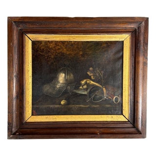 Unkwown, Still Life with Helmet and Antique Objects, 1800s, Oil on Canvas For Sale