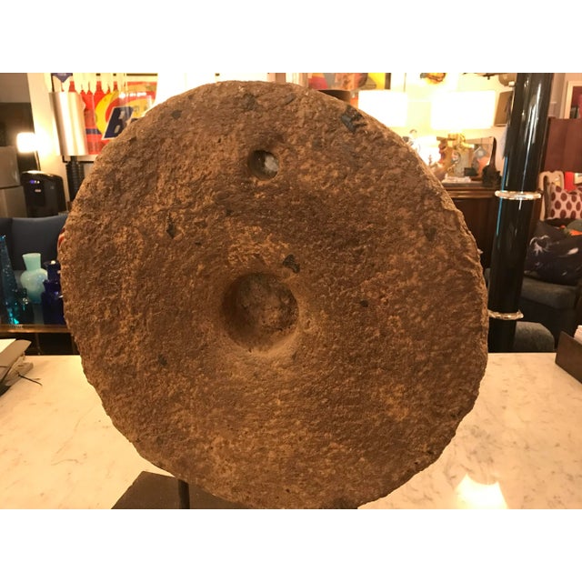 Rustic Antique 1800's Grinding Millstone Sculpture Mounted on Custom Black Iron Base For Sale - Image 3 of 6