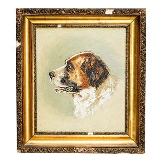 Victorian Antique Oil Painting Portrait of Pet St. Bernard Dog Ornate Gold Frame For Sale