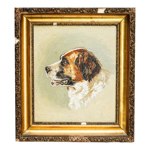 Victorian Antique Oil Painting Portrait of Pet St. Bernard Dog Ornate Gold Frame For Sale