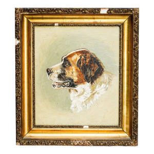 Victorian Antique Oil Painting Portrait of Pet St. Bernard Dog Ornate Gold Frame