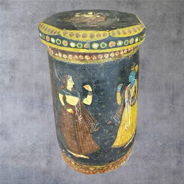 Vintage Indian Hand Painted Wooden Box Krishna Gopi Folk Art Lidded Canister Jar⁠ Brand: Unbranded / Handmade Art Primary...