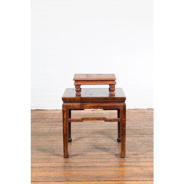 Vintage Indian Low Wooden Prayer Table Stand with Carved Angular Legs For Sale - Image 9 of 13