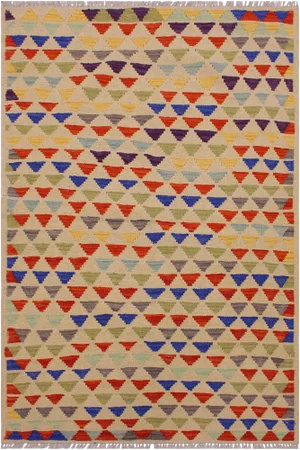 Contemporary Shabby Chic Kilim Ivory/Blue Hand-Woven Wool Rug -3'2 X 4'11