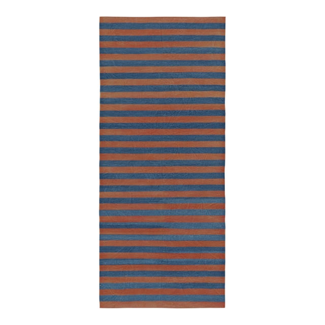 Rug & Kilim’s Indian Dhurrie Runner in Blue and Rust Geometric Stripes For Sale