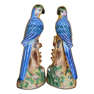Vintage Chinese Blue Majolica Parrot Figurines - A Pair For Sale