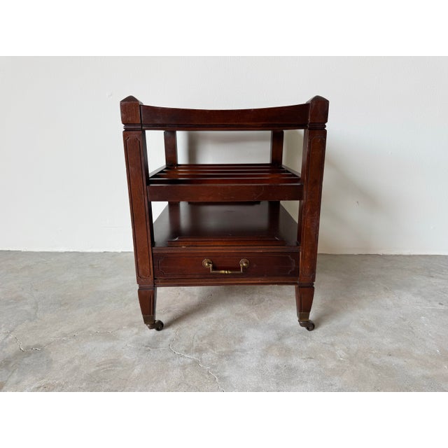 Brown Vintage Hammary Mahogany Canterbury Magazine Rack With Drawer and Casters For Sale - Image 8 of 12