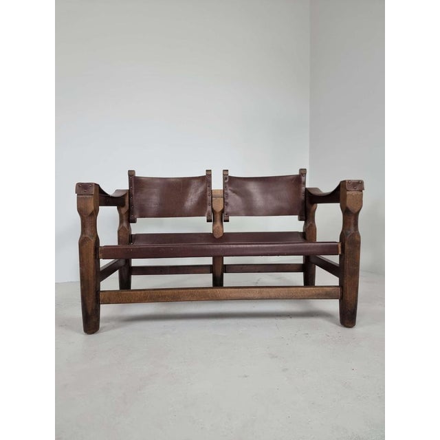 Spanish Brutalist Safari Bench in Brown Leather For Sale - Image 14 of 14