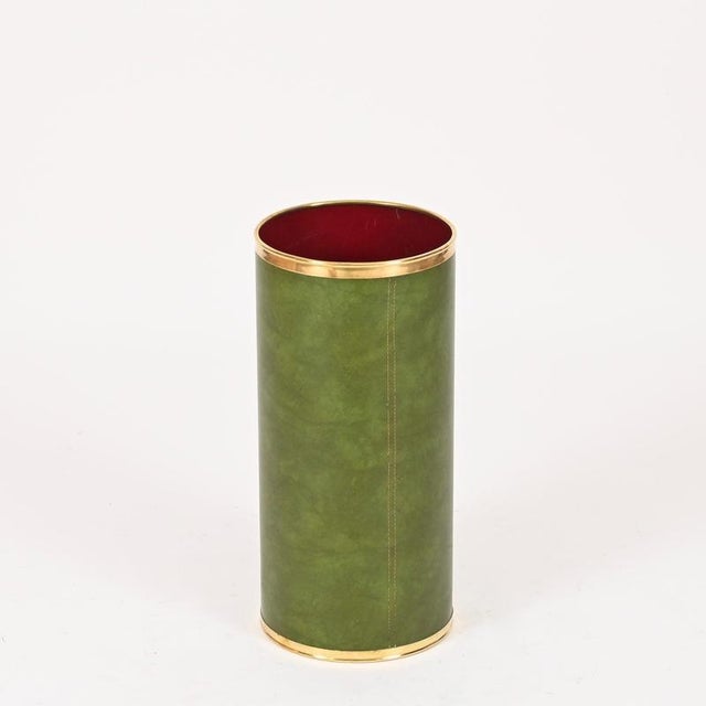 Mid-Century Green Leatherette and Brass Umbrella Stand from Aldo Tura, Italy, 1970s For Sale - Image 12 of 13