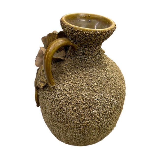 Vintage Earth-Tone Ceramic Pitcher Vase With Sculpted 3d Floral Motif & Pebble Texture For Sale - Image 4 of 12