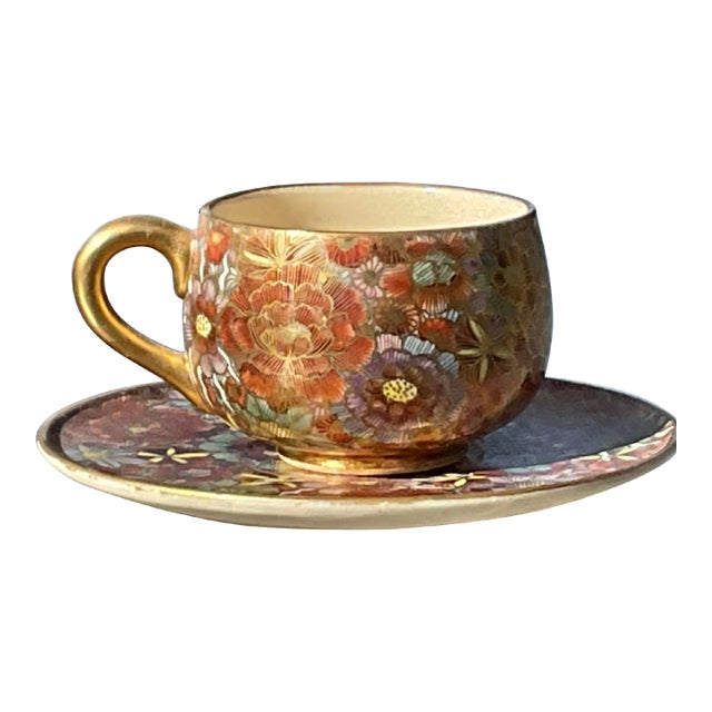 Mid 20th Century Japanese Thousand Flower Design Cup and Saucer With Shimazu Family Crest For Sale
