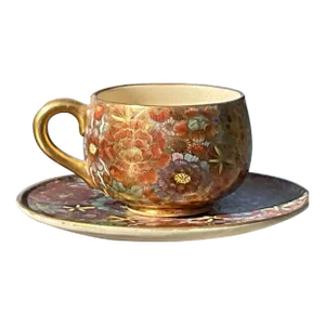 Mid 20th Century Japanese Thousand Flower Design Cup and Saucer With Shimazu Family Crest