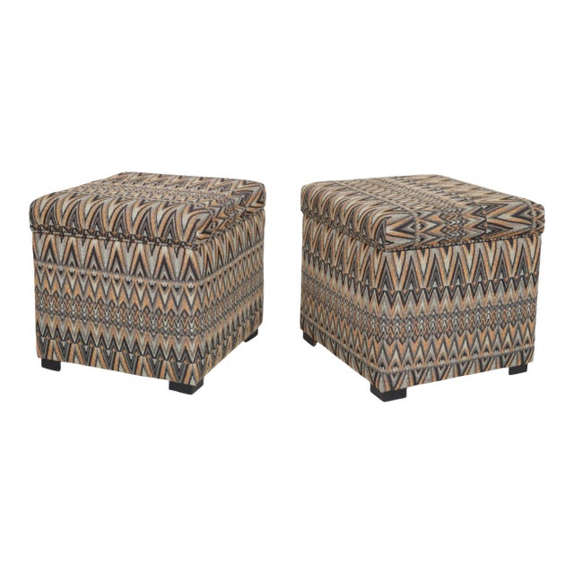 Upholstered Cube Storage Ottomans, a Pair For Sale