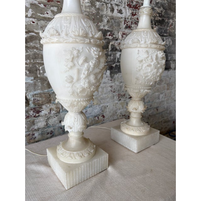 Neoclassical Vintage Carved Alabaster Table Lamps - a Pair For Sale - Image 3 of 13
