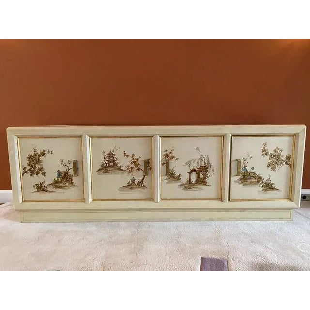 Modernist Hand Painted Asian Scene Mid Century Buffet Accented With Brass Framing And Handles. Designed In The 1960's...