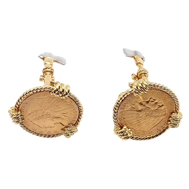 1990s Verdura Five Buck Yellow + White Gold Indian Head Coin Cufflinks - 2 Pieces For Sale - Image 9 of 9