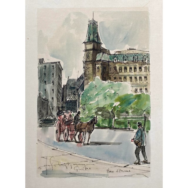 Jacques Schyrgens (born 1923) MCM Canadian watercolor of the Place d'Armes with the Ministry of Finance. Watercolor on...