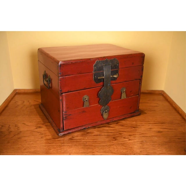 Antique Chinese Red Lacquered Wooden Chest For Sale - Image 4 of 11