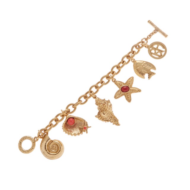 Gold plated chain bracelet with sea charms, red and orange stones Measurements: 7" x 2"