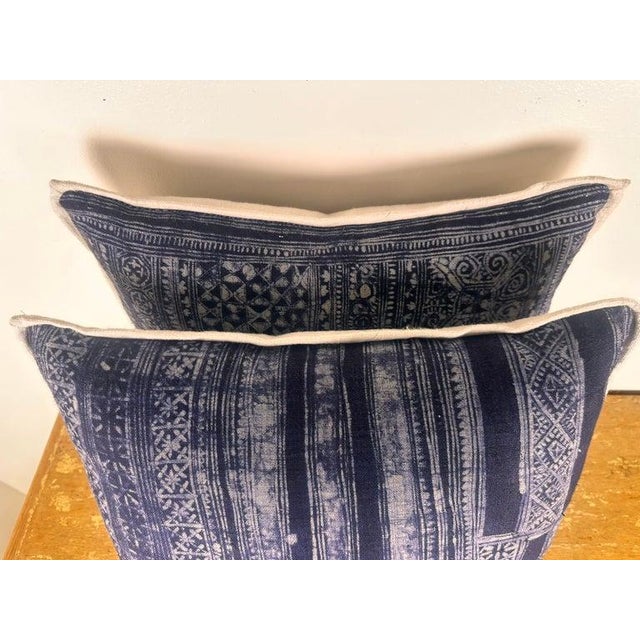 Early 21st Century Distressed Blue and White Batik Pillows, Cotton and Linen, India For Sale - Image 5 of 8