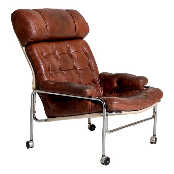 Leather and Chromed Steel Lounge Chair, Sweden, 1960s For Sale