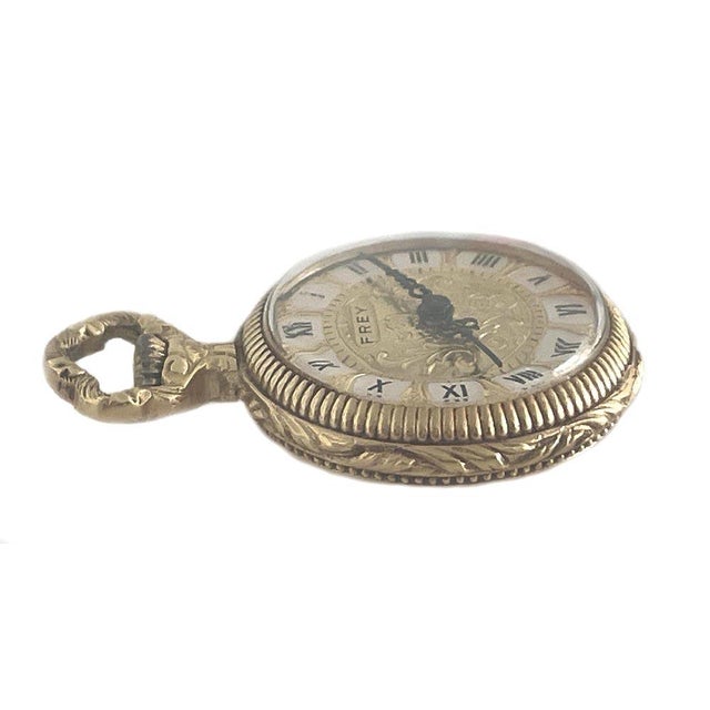 Traditional Vintage Frey Pendant Pocket Watch Repousse Case 18k Yellow Gold For Sale - Image 3 of 5