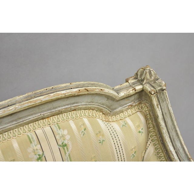 Antique French Louis XVI Style Cream Distress Painted Petite Canape Settee Sofa For Sale - Image 10 of 18