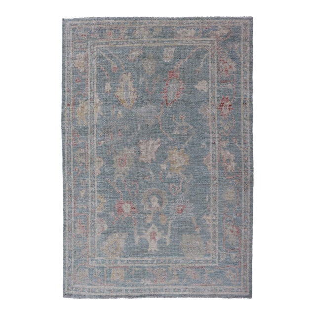 Modern Oushak Rug With a Light Blue-Gray Field by Keivan Woven Arts 3'11"x5'11" For Sale