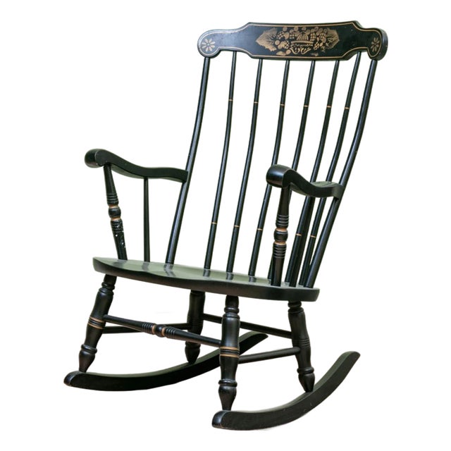 Vintage S. Bent & Bros. Black and Gilt Finished Spindle Back Rocking Chair For Sale