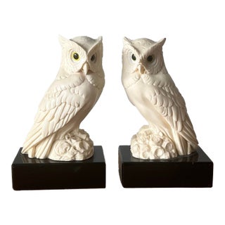 1970s Vintage Italian Arnaldo Gianelli Alabaster Owl Bookends-a Pair, Signed For Sale