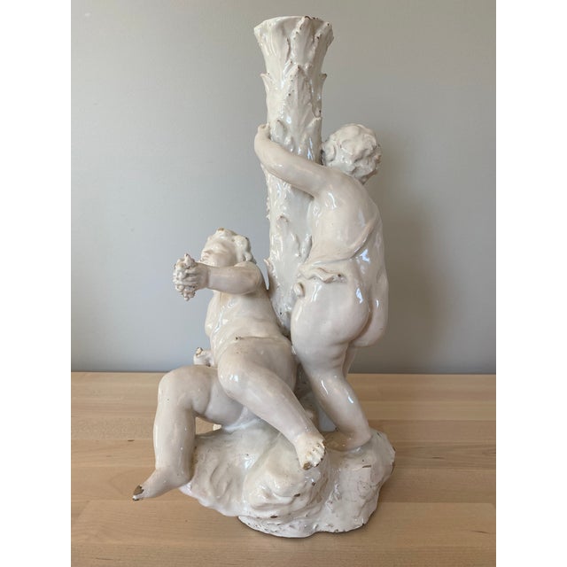 Figurative Mid 19th Century Italian Creamware Pottery Candlestick With Putti For Sale - Image 3 of 12