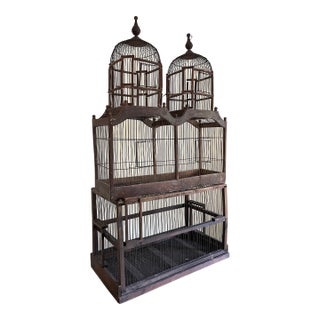 Large Antique Early 20th Century French Wood and Wire Turreted Bird Cage For Sale