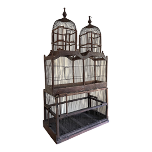 Large Antique Early 20th Century French Wood and Wire Turreted Bird Cage