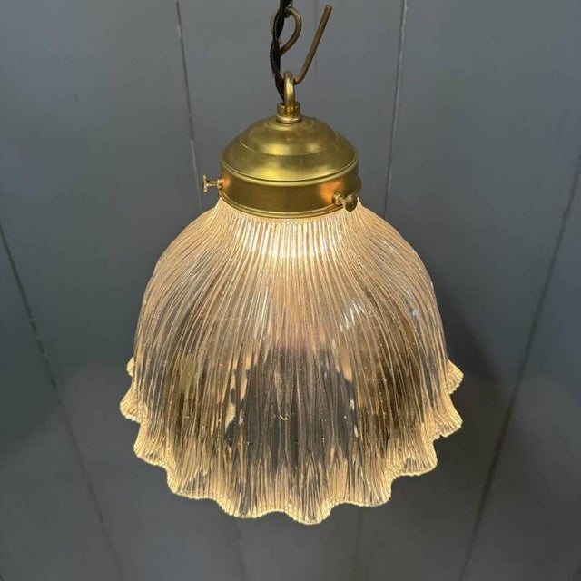 Pressed Glass Pendant Lamp with Brass Fixture from Holophane, 1930s For Sale - Image 4 of 15