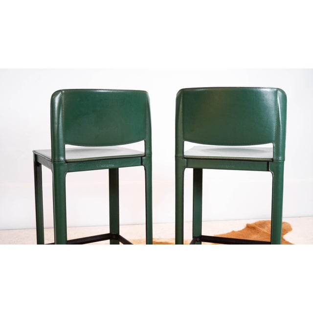 1980s Mid-Century Matteo Grassi Green Saddle Leather Sistina Counter Stools - A Pair For Sale - Image 12 of 16