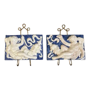 Pair Antique Painted Ceramic Tiles