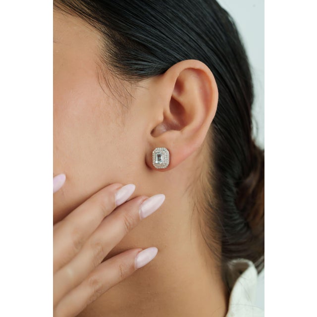 Not Yet Made - Made To Order 1.23ct Modern Aquamarine & Diamond Double Halo Stud Earrings 14k Gold- 2 Pieces For Sale - Image 5 of 16