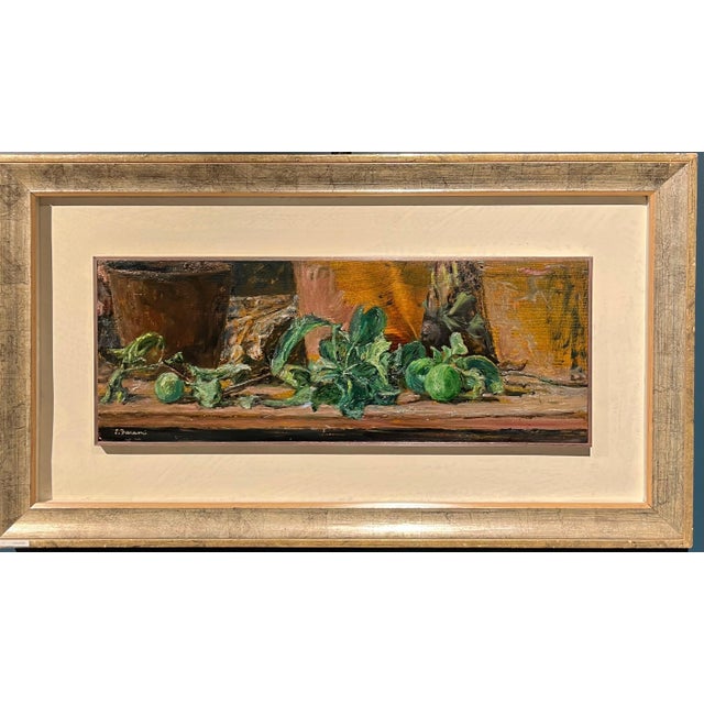 Wood Enzo Faraoni, Green Apples on the Table, 1970s, Oil on Wood, Framed For Sale - Image 7 of 7