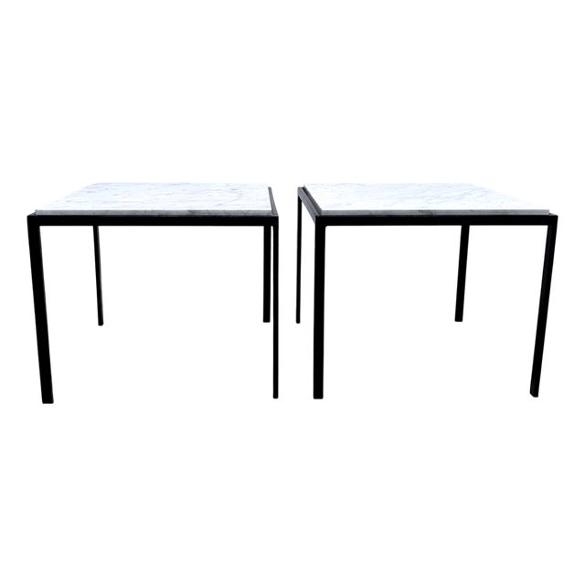 Minimalist Square Steel Side Tables with Carrara Marble Tops, Italy, 1960s, Set of 2 For Sale