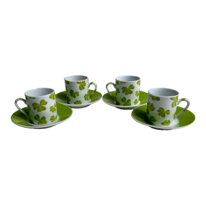 Late 20th Century Classic Coffee Tea Green & White “Clover” Demitasse Set of 4