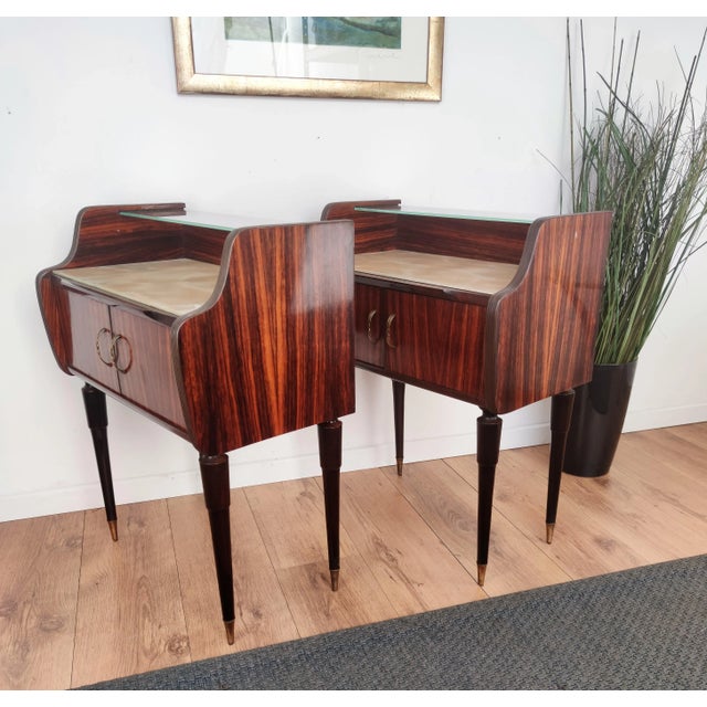 Mid Century Italian Art Deco Wood Brass and Glass Nightstands Bedside Tables, Set of 2 For Sale - Image 4 of 7