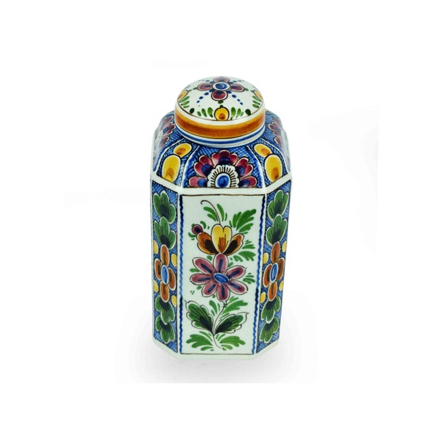 Delft Hand-Painted Delft Hexagonal Lidded Ginger Jar or Tea Caddy Multi-Color Floral Motifs and Artist Monogram For Sale - Image 4 of 8