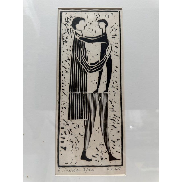 Original limited-edition black-and-white figural print by Azriel Awret (1910-2010), depicting two elongated figures facing...