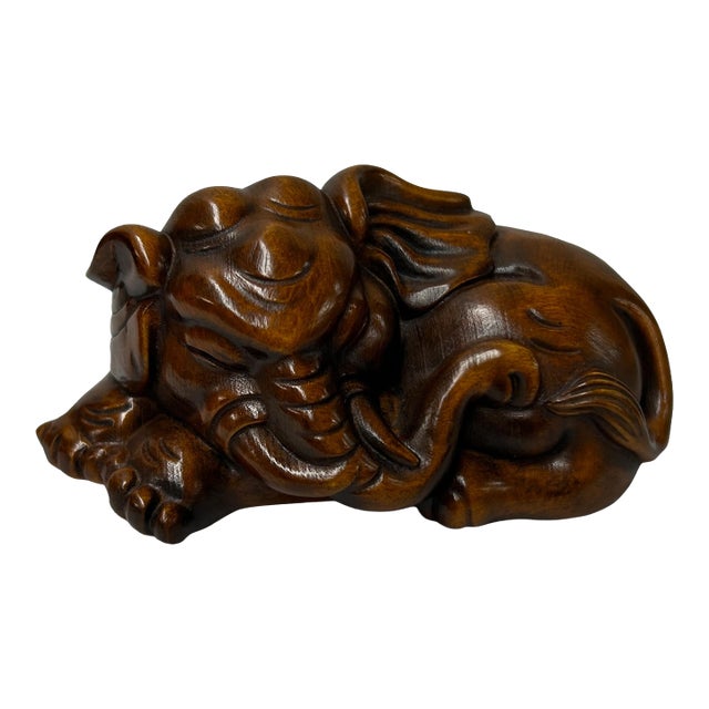 3" Artistic Brown Wood Carved Elephant Fengshui Miniature Figure For Sale