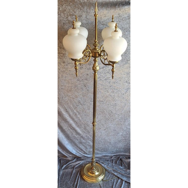 Vintage Floor Lamp with Decorated Brass Frame and Four Opaque White Glass Shades, 1970s For Sale - Image 4 of 8
