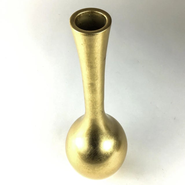 Stunning bright gold tall lacquer ware vase with hand painted accents in silver and iridescent colors. Signed by the artist.